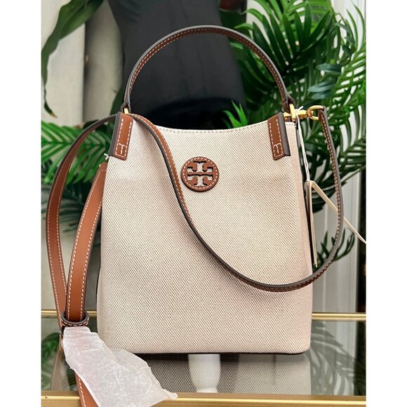 NWT! Tory Burch Canvas and Brown Leather Chelsea Shoulder Bag/ Tote - Picture 1 of 10